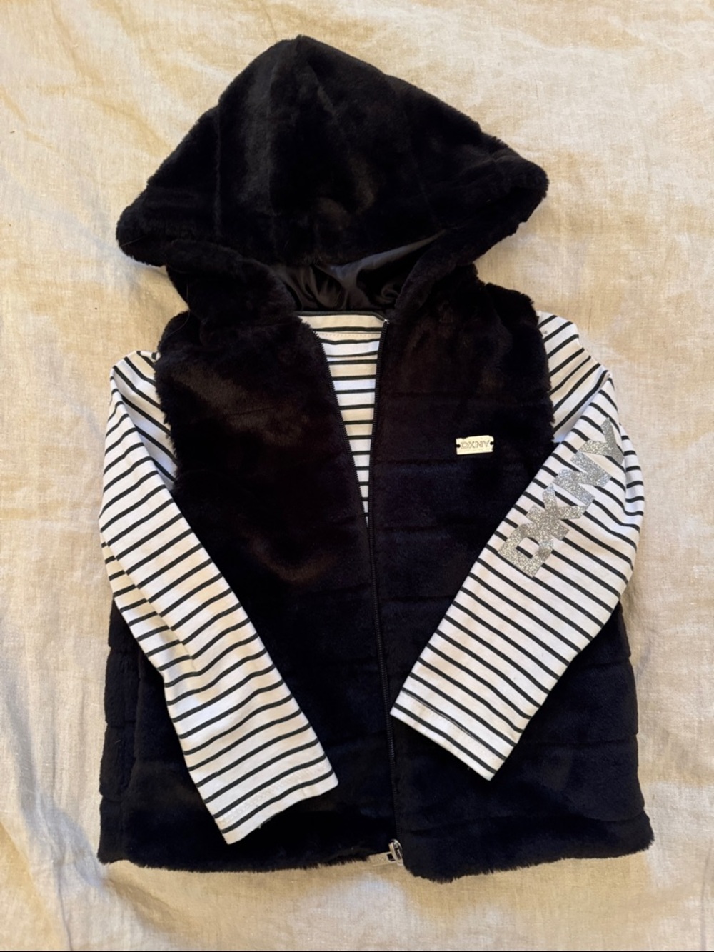 DKNY Black Faux Fur Hooded Vest with Black and White Striped Top